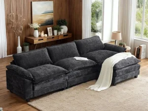 122" Cloud Black Convertible Sectional Sofa, Comfy L-Shape Extra Deep Seat Sofa Couch for Living Room,Modern Chenille 3-Seat Co