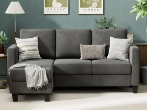 Sofa Couch, 3 Seat L-Shaped Sofa with Linen Fabric Ottoman Small Couch for Small Apartments, Living Room and Office (Dark Gray)