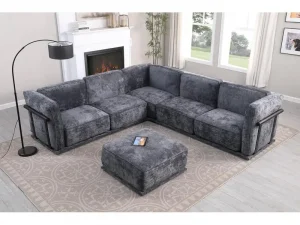 Modular Fabric Sofa Set with Corner Module and Independent Sections, Includes Square Ottomans