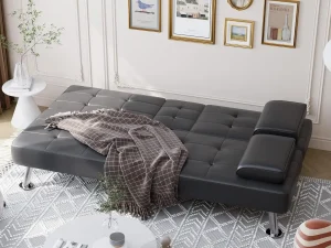 Folding Futon Sofa Bed Sleeper Couch for Living Room Faux Leather Upholstered Loveseat w/Removable Armrests, Metal Legs