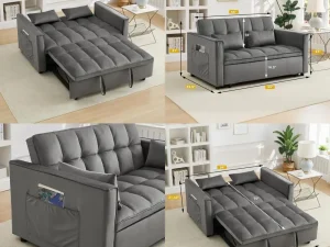 Modern 3-in-1 Convertible Loveseat Sleeper Sofa Bed for Small Spaces, Grey Couch with Pull-Out Design