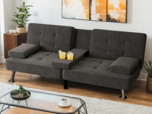 Modern Linen Upholstered Convertible Folding Futon Sofa Bed with Removable Armrests, Metal Legs, 2 Cup Holders for Living Room